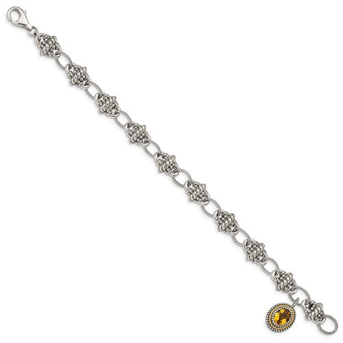 Sterling Silver with 14K Accent 7.75 Inch Antiqued Citrine Oval Link Bracelet