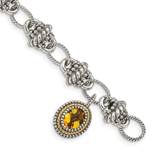 Sterling Silver with 14K Accent 7.75 Inch Antiqued Citrine Oval Link Bracelet