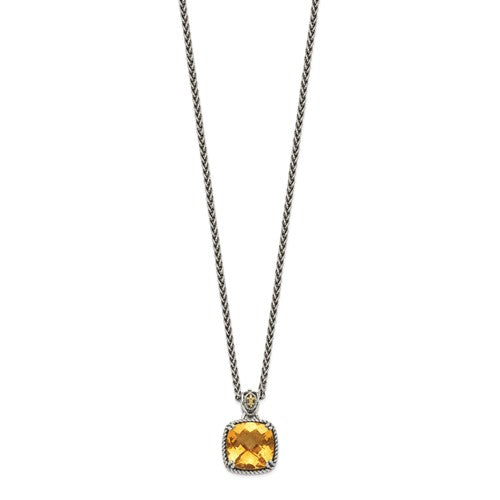 Sterling Silver with 14K Accent Antiqued Checkerboard Cushion Citrine Necklace