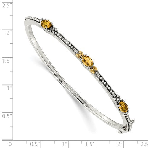 Sterling Silver with 14K Accent Antiqued Oval Citrine Hinged Bangle