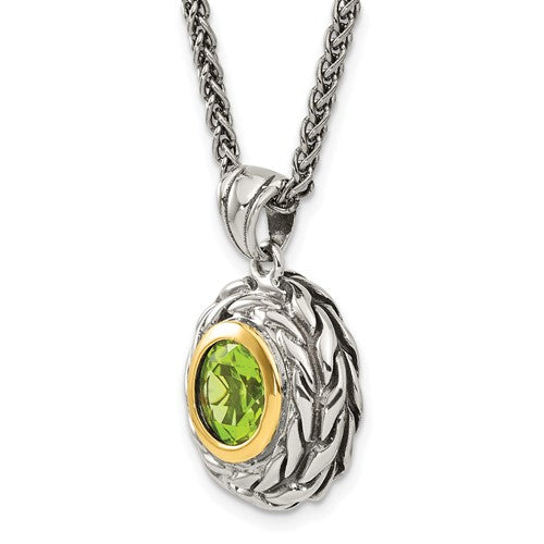 Sterling Silver with 14K Accent Antiqued Round Peridot Necklace