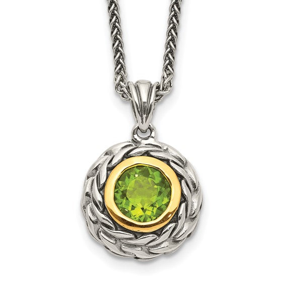 Sterling Silver with 14K Accent Antiqued Round Peridot Necklace