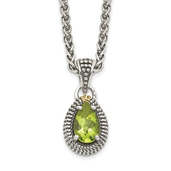 Sterling Silver with 14K Accent Antiqued Pear Peridot Necklace