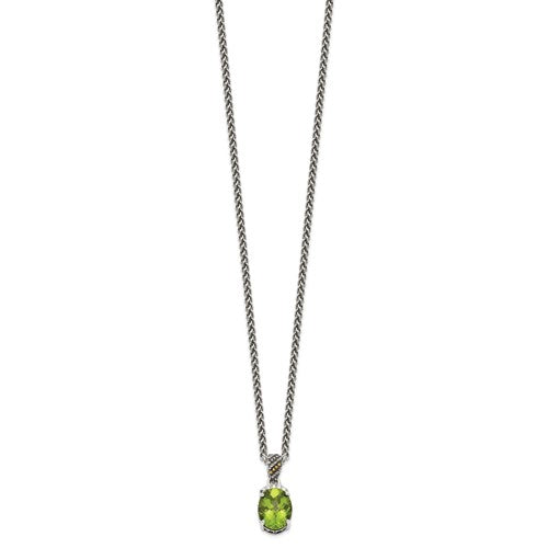 Sterling Silver with 14K Accent Antiqued Oval Peridot & Diamond Necklace