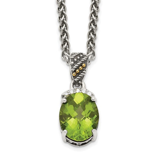 Sterling Silver with 14K Accent Antiqued Oval Peridot & Diamond Necklace