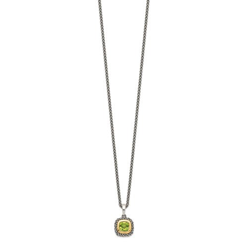 Sterling Silver with 14K Accent Antiqued Cushion Peridot Necklace