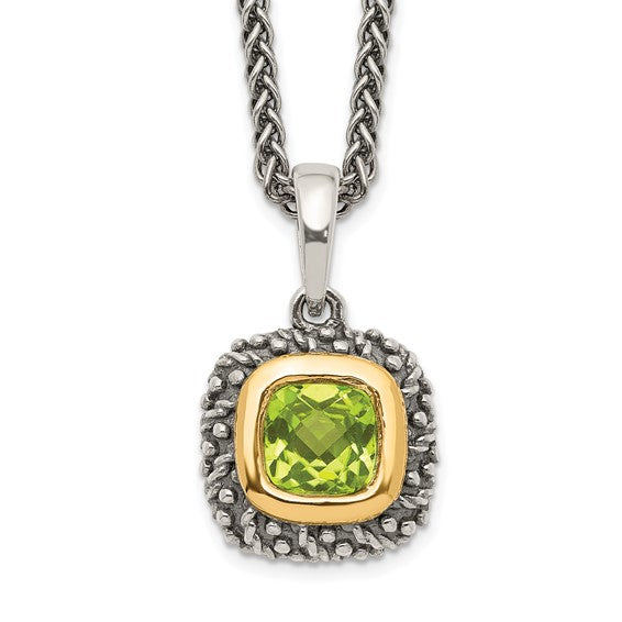 Sterling Silver with 14K Accent Antiqued Cushion Peridot Necklace