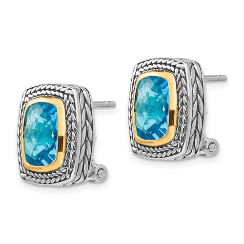 Sterling Silver with 14K Accent Antiqued Cushion Swiss Blue Topaz Omega Back Earrings