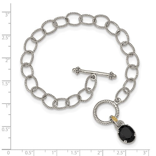 Sterling Silver with 14K Accent 7.5 Inch Antiqued Black Onyx Oval Link Bracelet