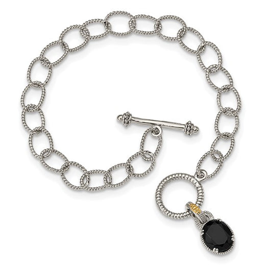 Sterling Silver with 14K Accent 7.5 Inch Antiqued Black Onyx Oval Link Bracelet