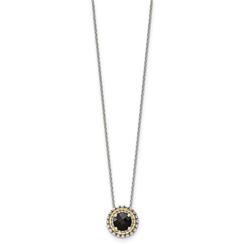 Sterling Silver with 14K Accent Antiqued Round Black Onyx Necklace