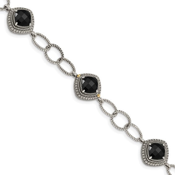 Sterling Silver with 14K Accent 7.5 Inch Antiqued Checkerboard-cut Black Onyx Bracelet