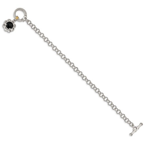Sterling Silver with 14K Accent 7.5 Inch Checkerboard-cut Black Onyx and Diamond Toggle Bracelet
