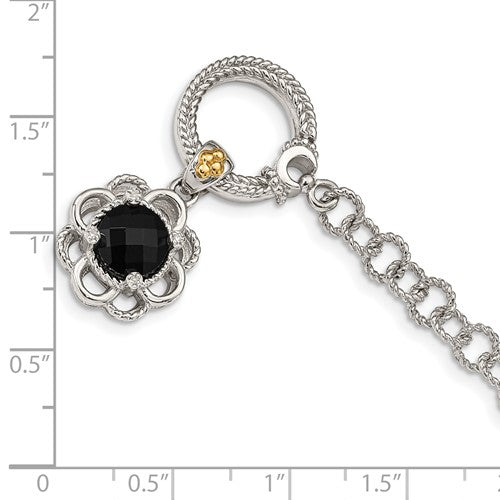 Sterling Silver with 14K Accent 7.5 Inch Round Onyx and Diamond Toggle Bracelet