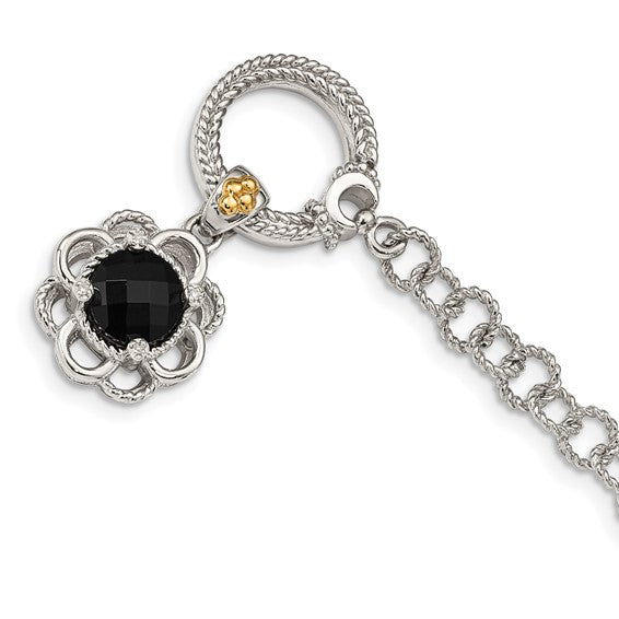 Sterling Silver with 14K Accent 7.5 Inch Checkerboard-cut Black Onyx and Diamond Toggle Bracelet