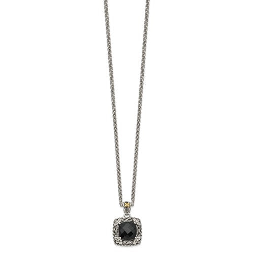 Sterling Silver with 14K Accent Antiqued Cushion Black Onyx Necklace