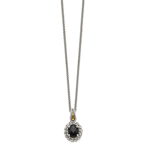 Sterling Silver with 14K Accent Antiqued Oval Black Onyx Necklace