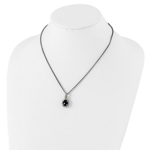 Sterling Silver with 14K Accent Antiqued Oval Black Onyx Necklace