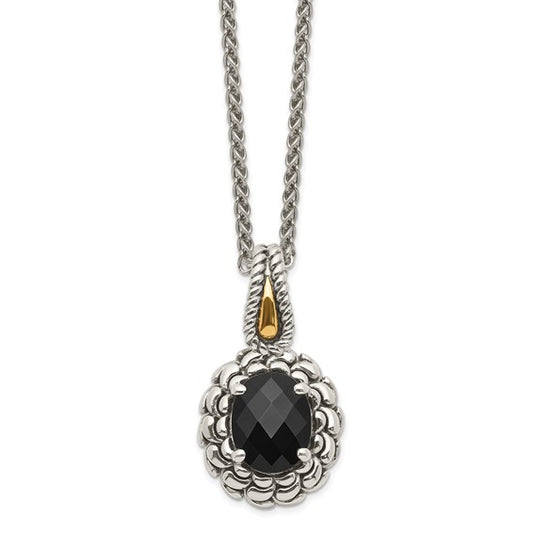 Sterling Silver with 14K Accent Antiqued Oval Black Onyx Necklace