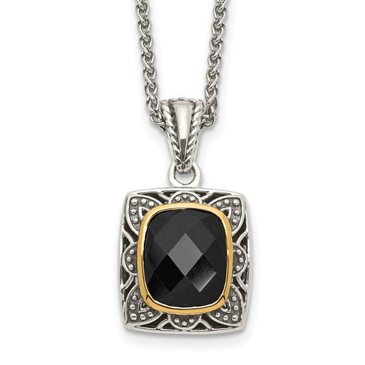 Sterling Silver with 14K Accent Antiqued Cushion Black Onyx Necklace