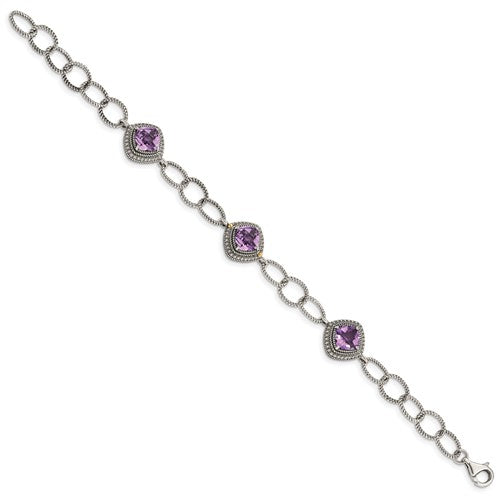 Sterling Silver with 14K Accent 7.5 Inch Cushion Amethyst Bracelet