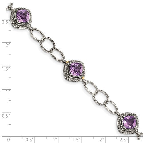 Sterling Silver with 14K Accent 7.5 Inch Cushion Amethyst Bracelet