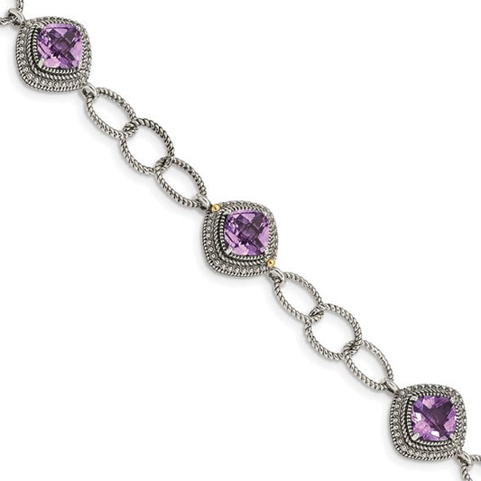 Sterling Silver with 14K Accent 7.5 Inch Cushion Amethyst Bracelet