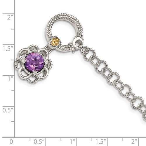 Sterling Silver with 14K Accent 7.5 Inch Round Amethyst and Diamond Toggle Bracelet
