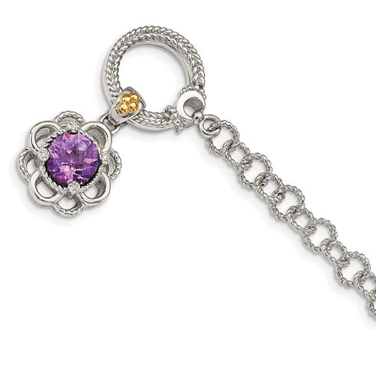 Sterling Silver with 14K Accent 7.5 Inch Round Amethyst and Diamond Toggle Bracelet