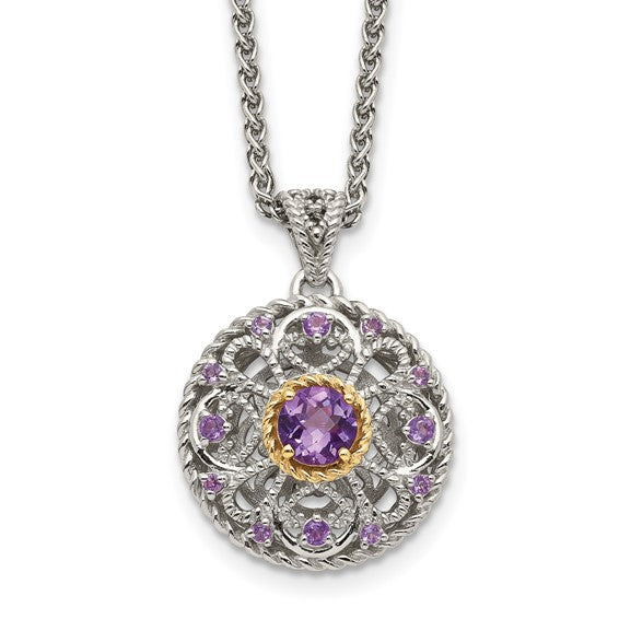 Sterling Silver with 14K Accent Antiqued Round Amethyst Medallion Necklace