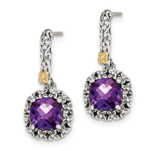 Sterling Silver with 14K Accent Antiqued Cushion Amethyst Dangle Earrings