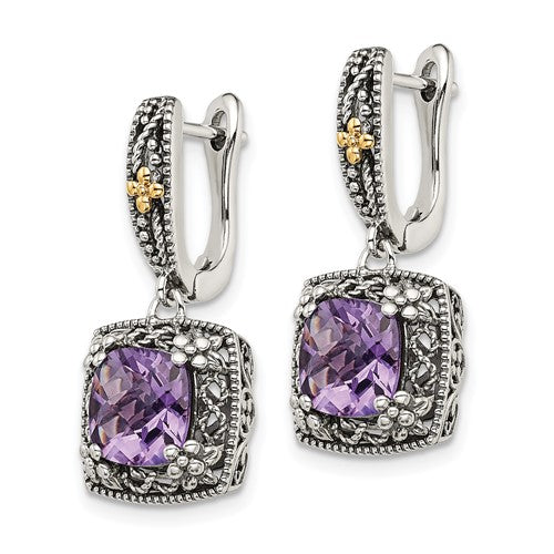 Sterling Silver with 14K Accent Antiqued Cushion Amethyst Dangle Earrings