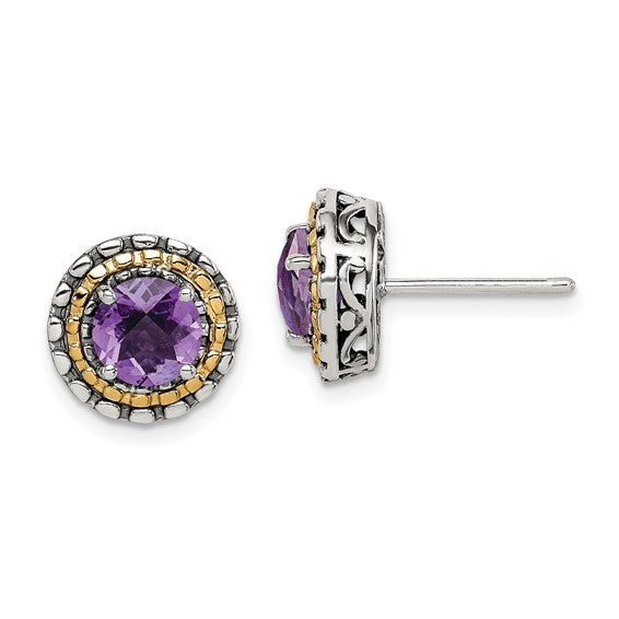 Sterling Silver with 14K Accent Antiqued Amethyst Stud Earrings