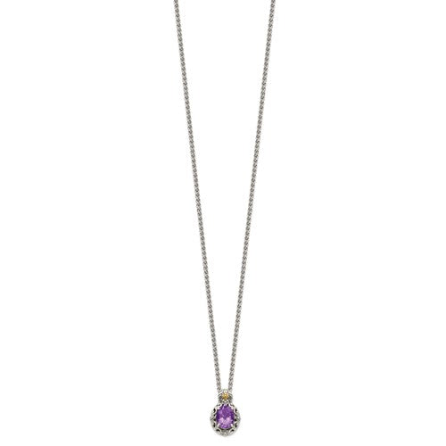 Sterling Silver with 14K Accent Antiqued Oval Amethyst Necklace