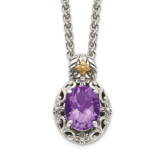 Sterling Silver with 14K Accent Antiqued Oval Amethyst Necklace