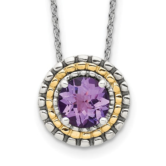 Sterling Silver with 14K Accent Antiqued Round Amethyst Necklace