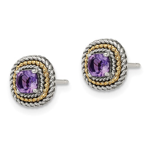 Sterling Silver with 14K Accent Antiqued Cushion Amethyst Stud Earrings