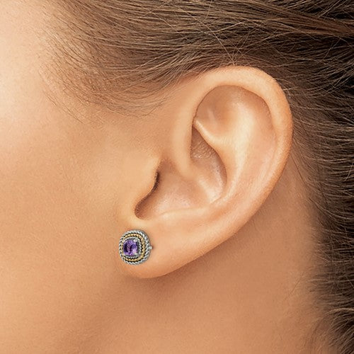 Sterling Silver with 14K Accent Antiqued Cushion Amethyst Stud Earrings