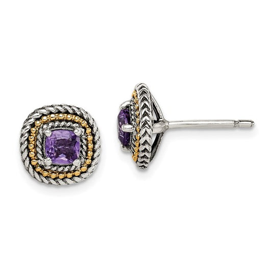 Sterling Silver with 14K Accent Antiqued Cushion Amethyst Stud Earrings