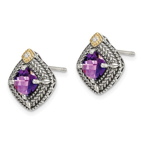 Sterling Silver with 14K Accent Antiqued Cushion Amethyst & Diamond Stud Earrings