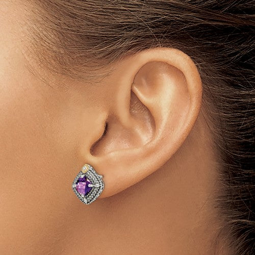 Sterling Silver with 14K Accent Antiqued Cushion Amethyst & Diamond Stud Earrings