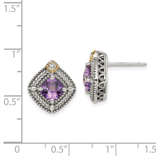Sterling Silver with 14K Accent Antiqued Cushion Amethyst & Diamond Stud Earrings