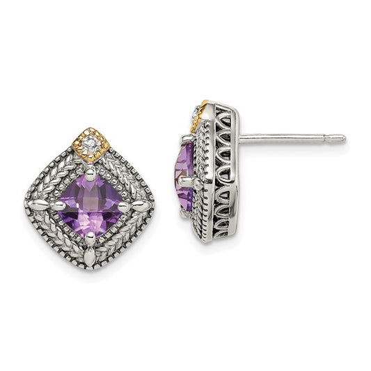 Sterling Silver with 14K Accent Antiqued Cushion Amethyst & Diamond Stud Earrings