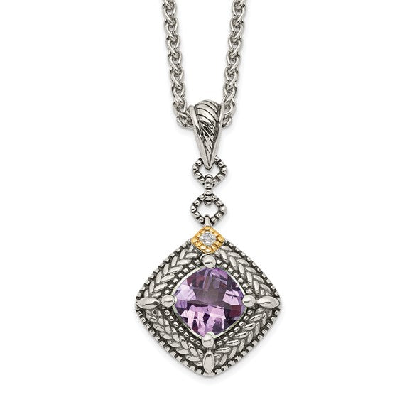 Sterling Silver with 14K Accent Antiqued Cushion Amethyst & Diamond Necklace