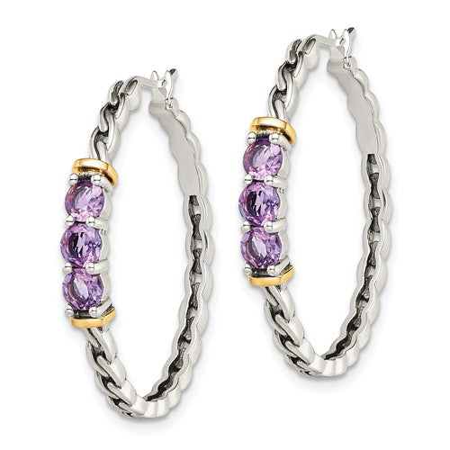 Sterling Silver with 14K Accent Antiqued Amethyst Hoop Earrings