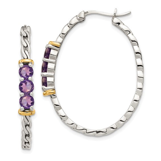 Sterling Silver with 14K Accent Antiqued Amethyst Hoop Earrings