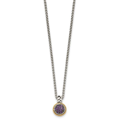 Sterling Silver with 14K Accent Antiqued Round Amethyst Cluster Necklace