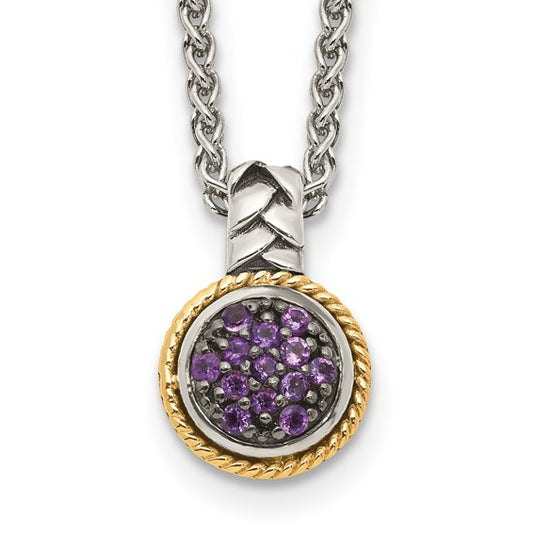 Sterling Silver with 14K Accent Antiqued Round Amethyst Cluster Necklace