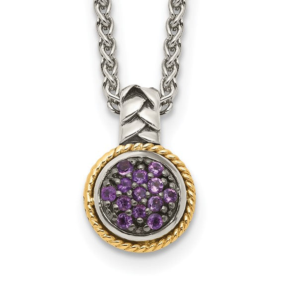 Sterling Silver with 14K Accent Antiqued Round Amethyst Cluster Necklace