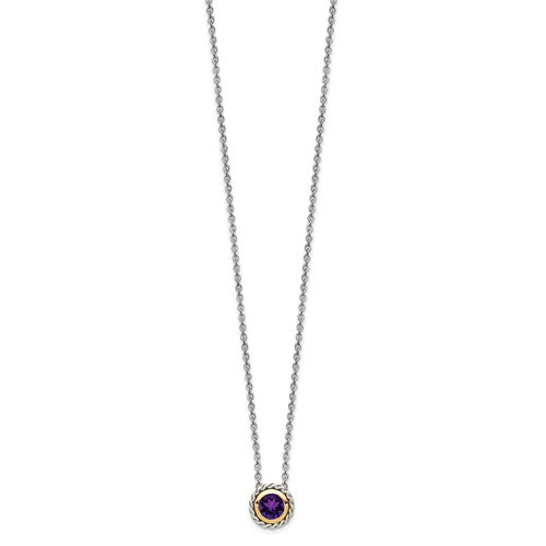 Sterling Silver with 14K Accent 18 Inch Antiqued Round Bezel Amethyst Necklace